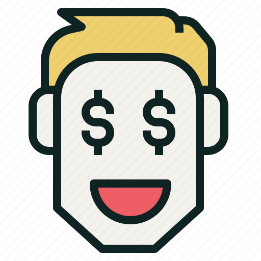 Smiling cartoon face with dollar signs for eyes and open mouth, representing financial happiness or money-focused joy.