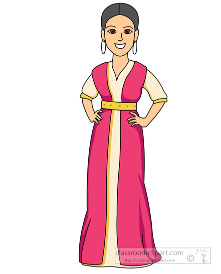 Smiling woman in traditional pink and cream long dress with yellow belt, hands on hips, cartoon illustration.