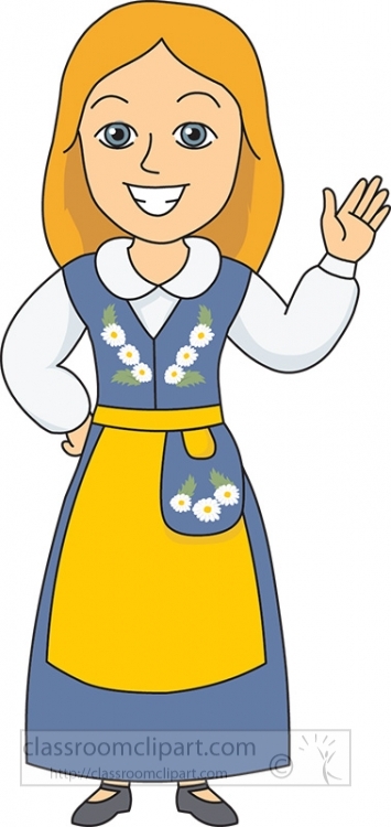 Smiling cartoon girl in traditional folk dress with daisy embroidery, waving hand.