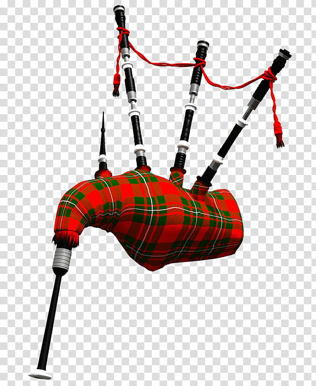 Traditional Scottish bagpipes with red and green tartan bag, black pipes, and red cords on transparent background.