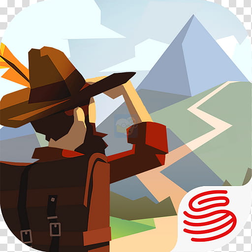 A low-poly explorer in a wide-brimmed hat and backpack gazes toward distant mountains, with a red logo in the corner.