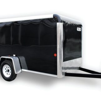 Black enclosed utility trailer with silver trim, single axle, and mesh side panel on white background.