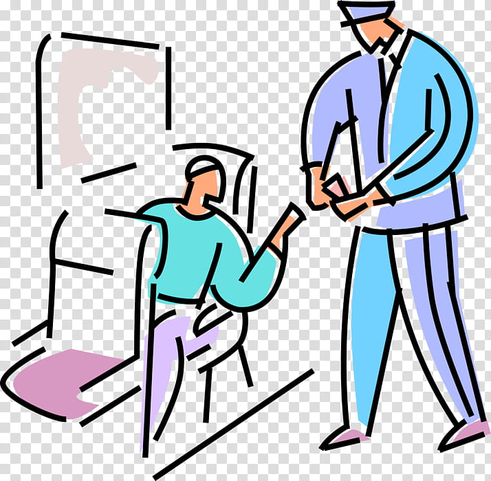 A stylized illustration of a healthcare professional handing documents to a seated patient in a clinic setting.