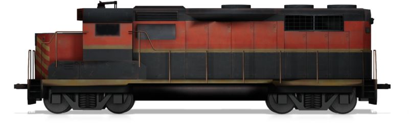 Red and black diesel locomotive with yellow stripes, side view on white background.