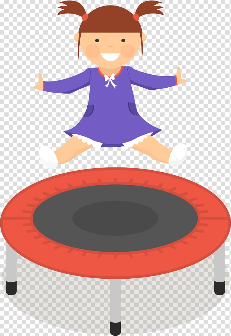 Happy cartoon girl in purple dress jumping on a red mini trampoline with pigtails and smile.