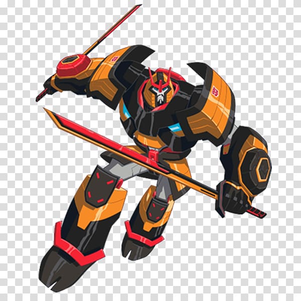 Animated orange and black robot warrior wielding dual red-bladed swords in dynamic combat pose.