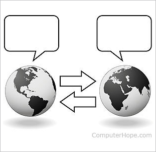 Two globes representing Earth with speech bubbles and bidirectional arrows indicating global communication or data exchange.