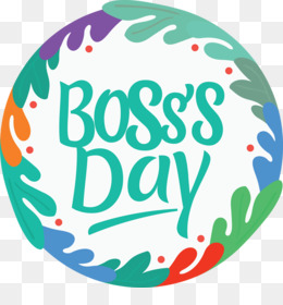 Colorful circular graphic with "Boss's Day" in teal script, surrounded by vibrant leafy border and dotted accents.