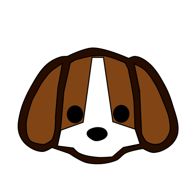 Stylized cartoon dog face with brown floppy ears, white muzzle, and black eyes and nose on black background.