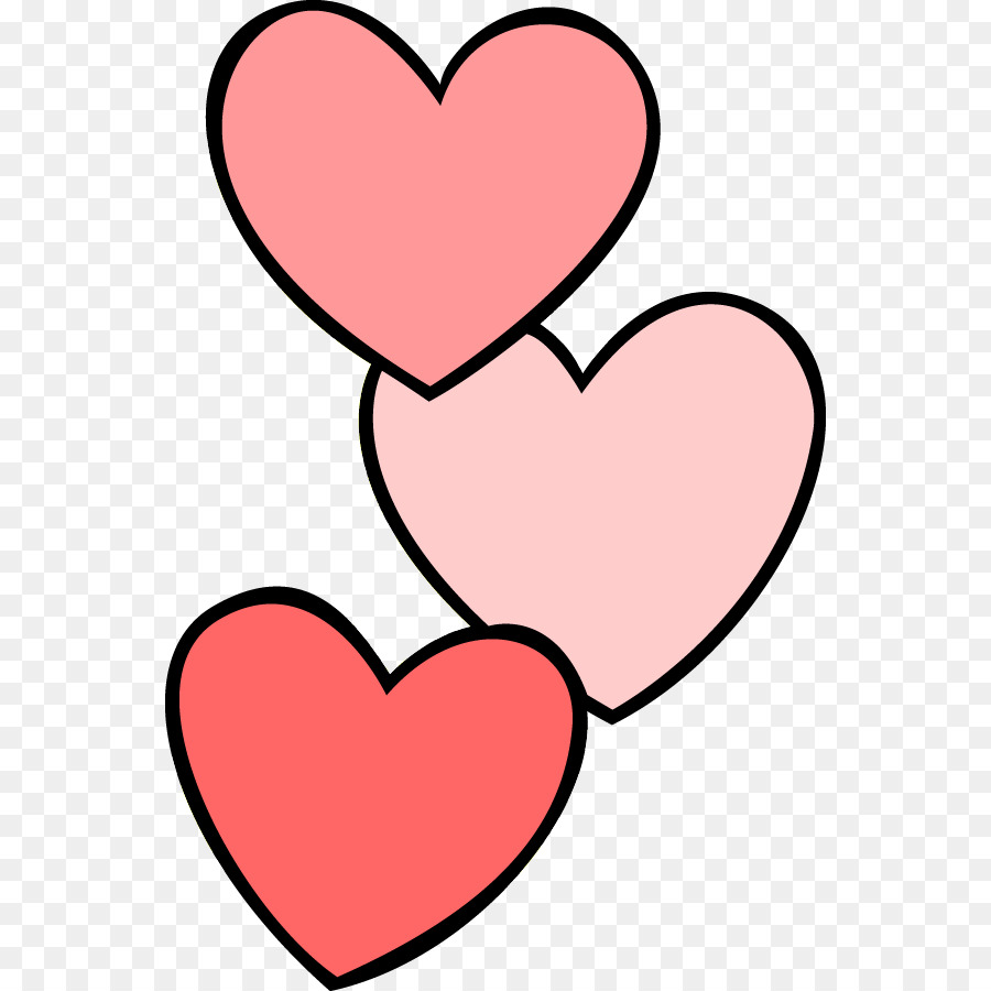 Three overlapping hearts in coral, light pink, and salmon with black outlines on transparent background.