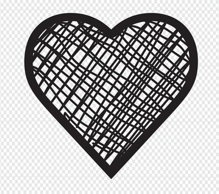 Black heart outline filled with scribbled crosshatch pattern on transparent background.