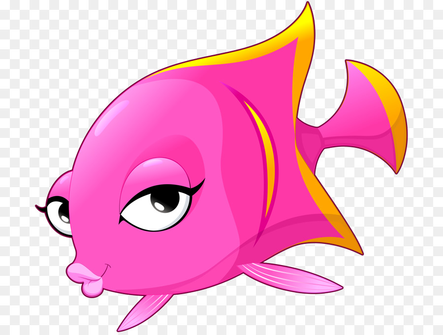Cute pink cartoon fish with yellow fin accents, winking and puckering lips on transparent background.