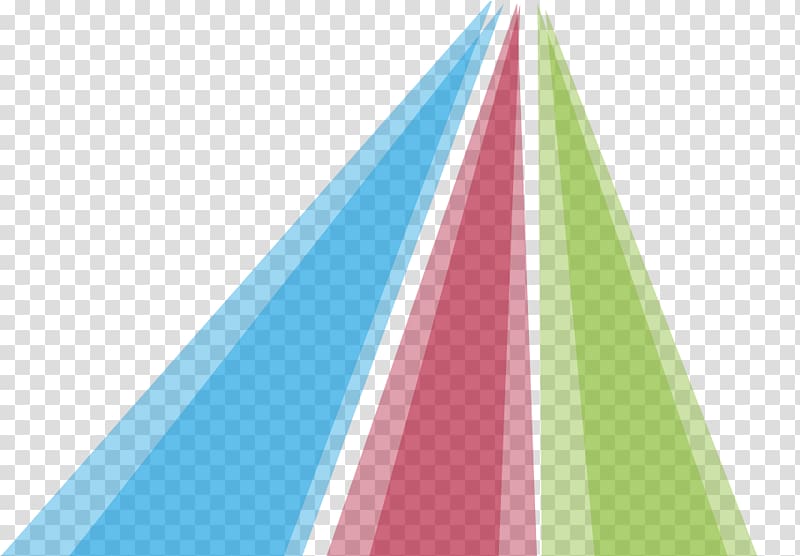 Three colorful triangular light beams-blue, pink, and green-radiating upward on a transparent background.