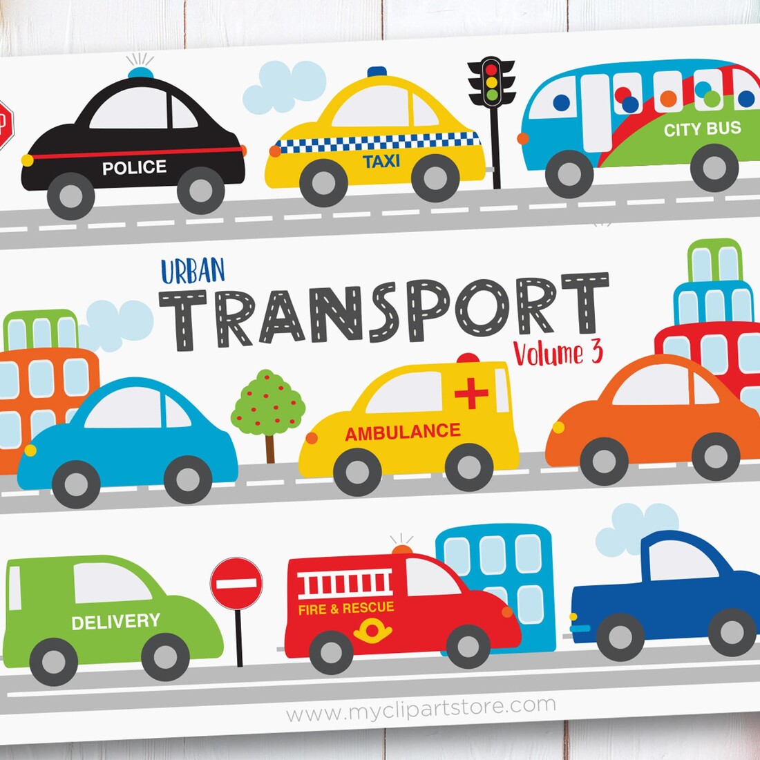 Colorful cartoon urban transport vehicles including police car, taxi, city bus, ambulance, fire truck, delivery van, and cars on roads.