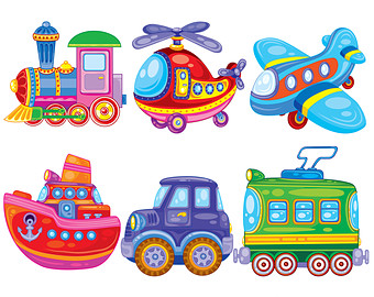 Colorful cartoon vehicles including train, helicopter, airplane, boat, truck, and tram on white background.