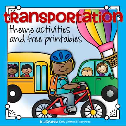 Colorful illustration of children using various transportation modes: school bus, car, bicycle, and hot air balloon.
