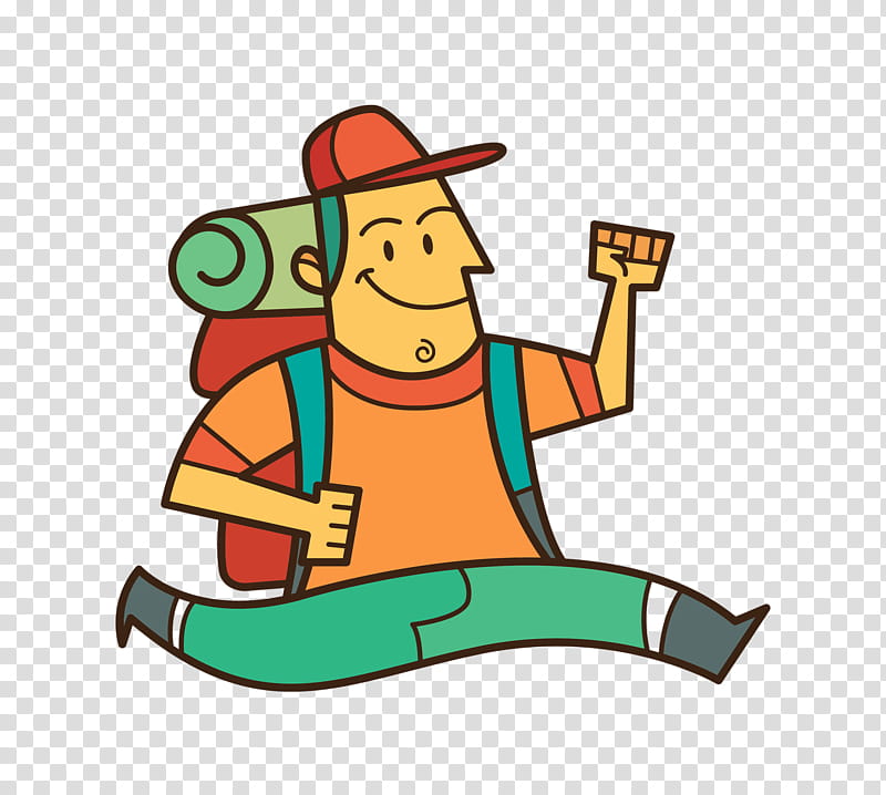 Cheerful cartoon hiker with backpack, rolled sleeping bag, and raised fist, ready for adventure.