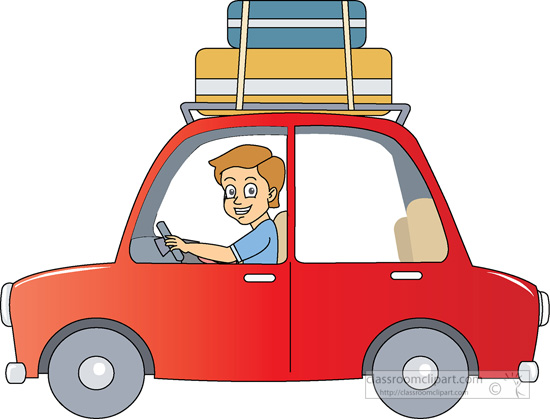 A smiling man drives a red car with luggage strapped to the roof rack, ready for a road trip.