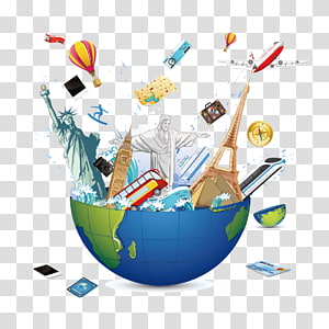 A globe overflowing with iconic global landmarks, travel items, and symbols like the Eiffel Tower, Statue of Liberty, hot air balloons, and passports.