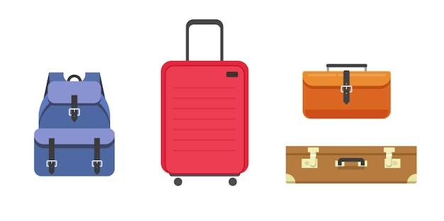Four types of luggage: blue backpack, red rolling suitcase, orange briefcase, and brown vintage trunk.