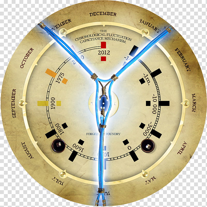 A vintage-style analog clock with neon blue hands, labeled months, and historical year markers including 1900, 1975, and 2012.