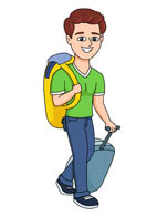 A smiling teenage boy with glasses, wearing a green shirt and blue jeans, carries a yellow backpack and pulls a blue rolling suitcase.
