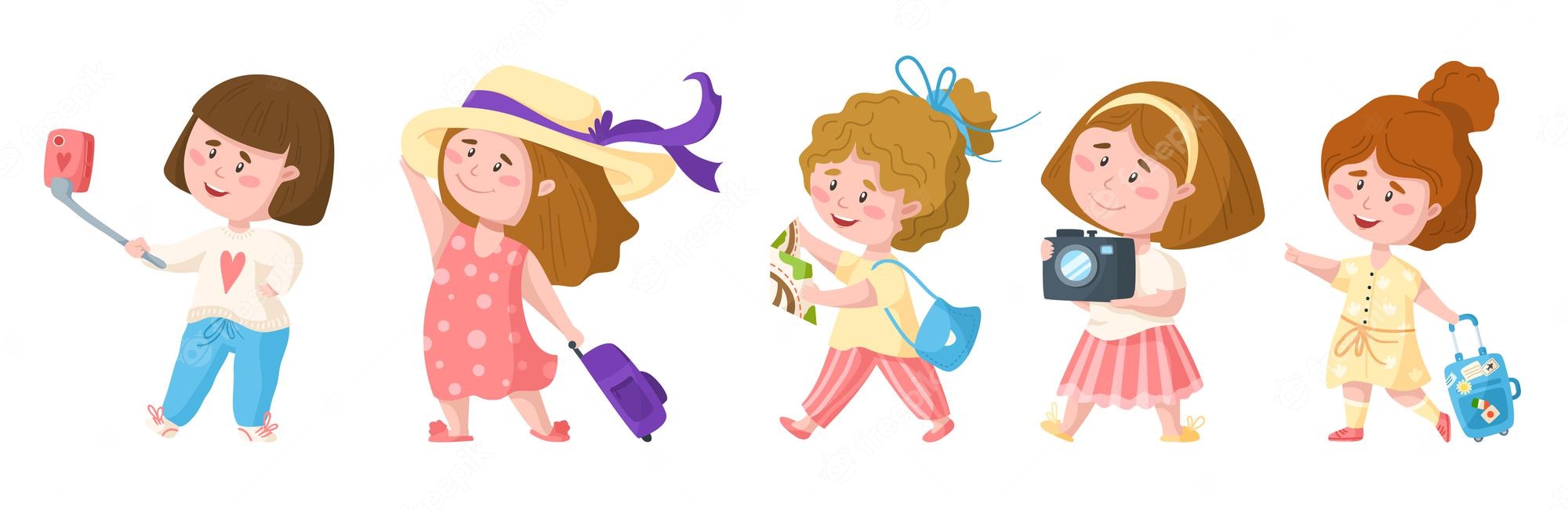 Five cheerful cartoon girls traveling with luggage, cameras, snacks, and selfie sticks in colorful outfits.