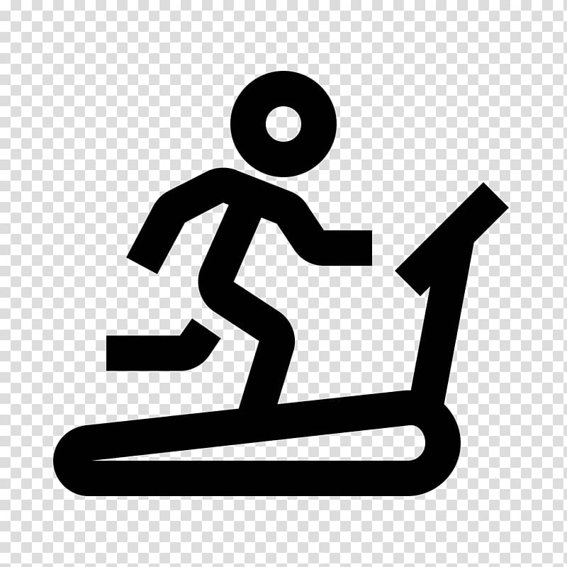 Black icon of a stick figure running on a treadmill against transparent background.