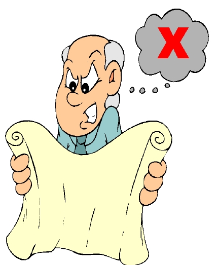 Angry elderly man holding a scroll with a red X in a thought bubble, indicating rejection or error.