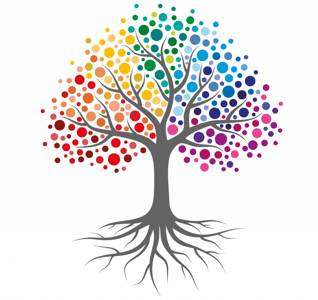 A stylized tree with gray trunk and roots, its canopy formed by colorful circles representing the rainbow spectrum.