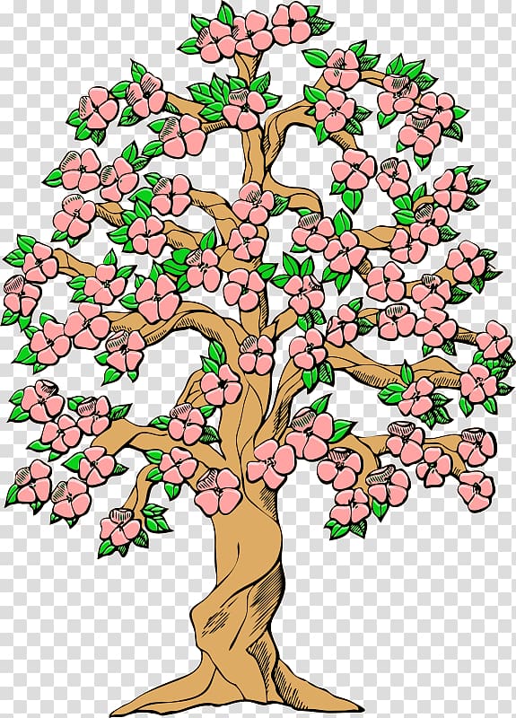 A stylized illustrated cherry blossom tree with pink flowers and green leaves on a transparent background.