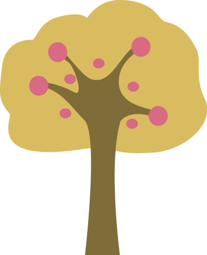 Stylized cartoon tree with yellow foliage and pink circular fruits or blossoms on brown branches.
