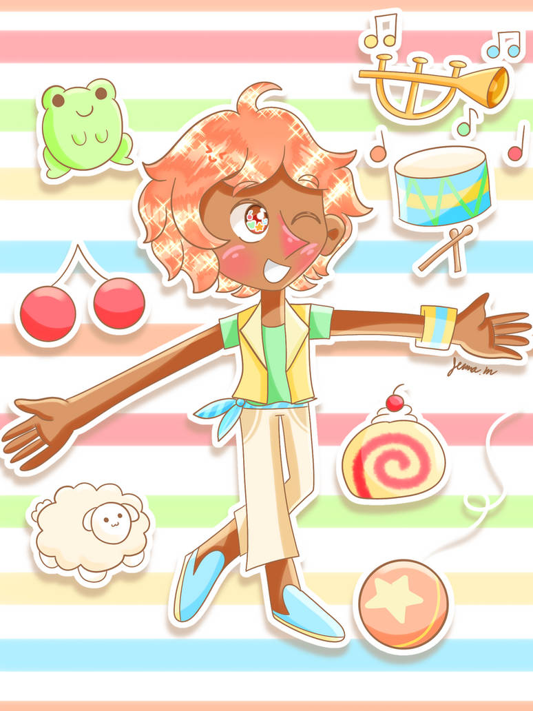Joyful animated character with orange hair surrounded by musical instruments, sweets, and cute animals on striped background.