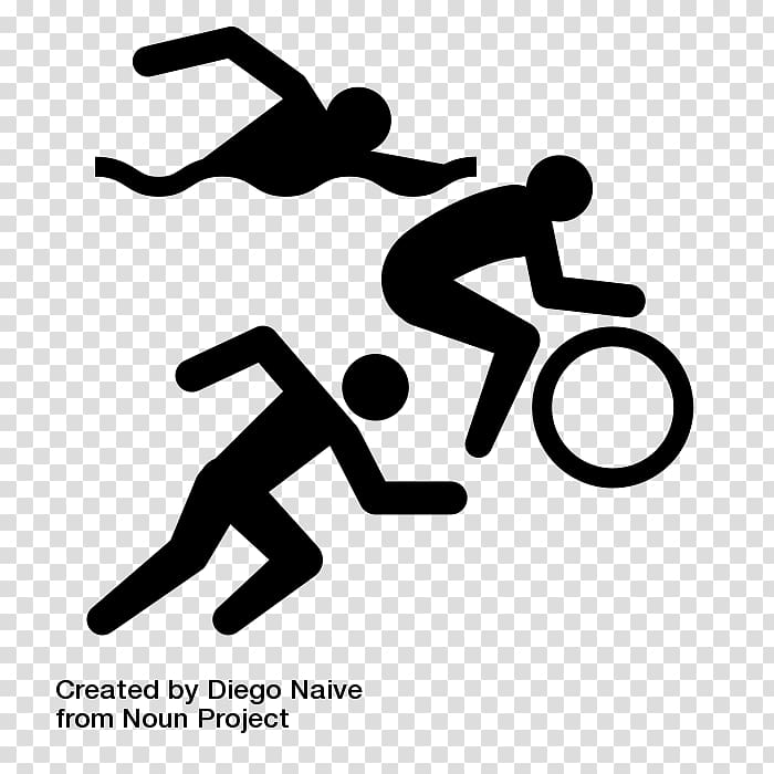 Silhouette icons of a swimmer, cyclist, and runner representing triathlon sports.