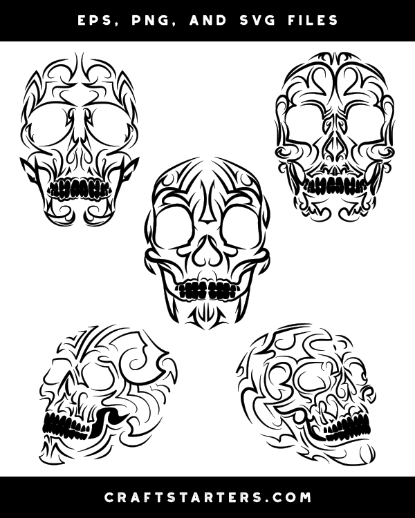 Five ornate tribal-style skull illustrations in black and white, featuring intricate line art and symmetrical patterns.