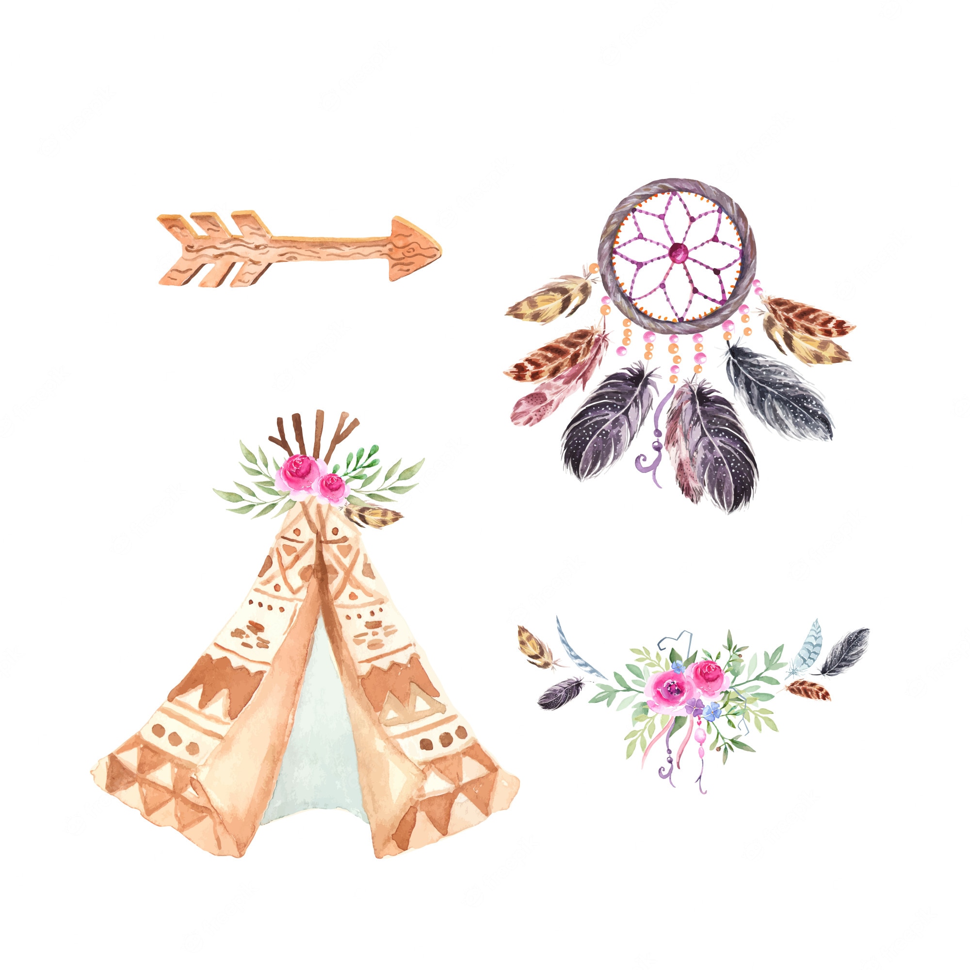 Watercolor boho elements: wooden arrow, dreamcatcher, teepee with floral crown, and feather-flower bouquet.
