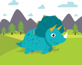 Friendly cartoon Triceratops standing in a green field with mountains and trees in the background.
