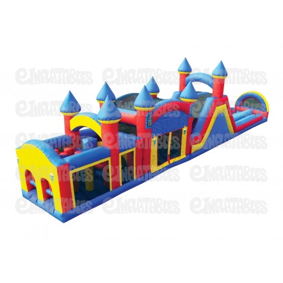Colorful inflatable castle obstacle course with towers, tunnels, and slides for kids' parties and events.