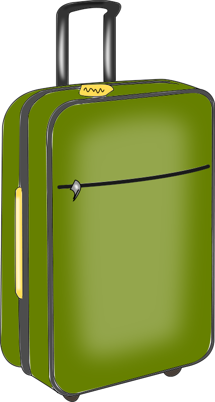 Olive green hard-shell rolling suitcase with extended telescopic handle, front pocket, side zipper, and yellow luggage tag.