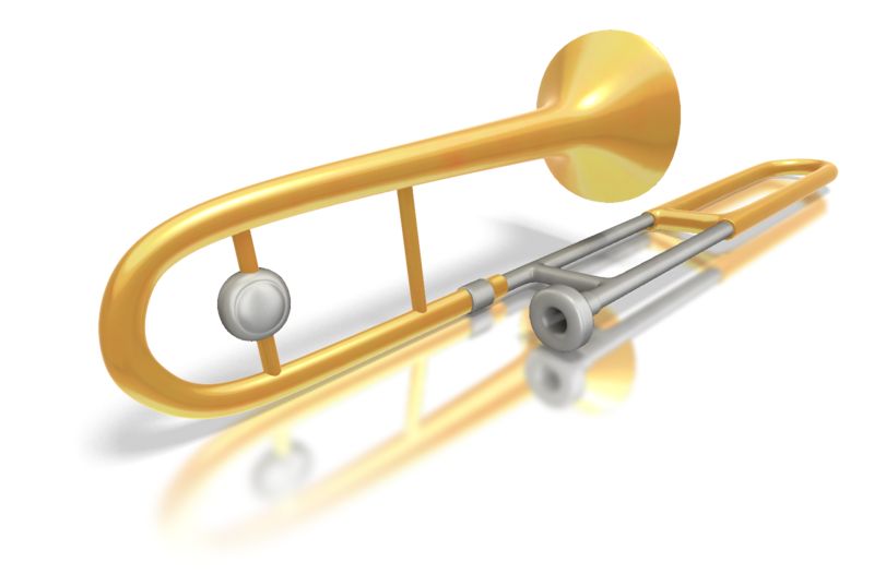 Golden trombone with silver slide and valves, rendered in 3D on white background with soft reflection.