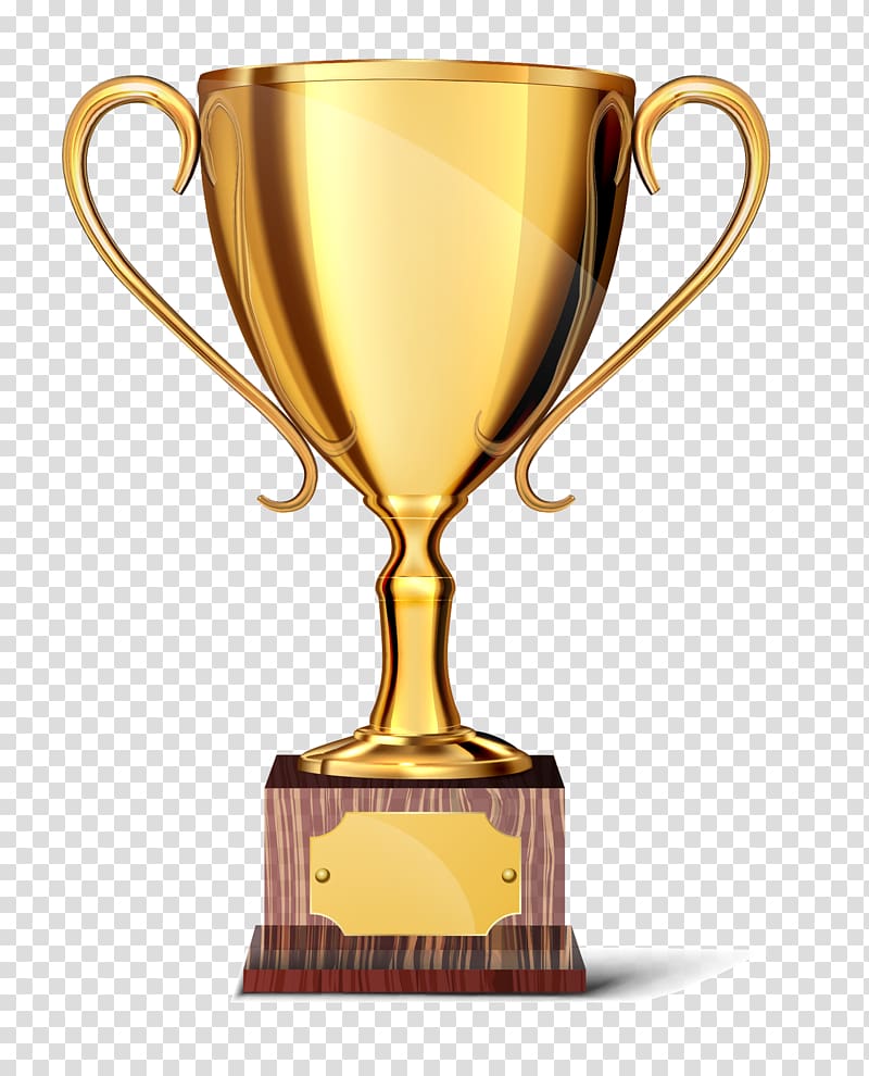 Shiny golden trophy with two ornate handles, mounted on a wooden base with a blank plaque.