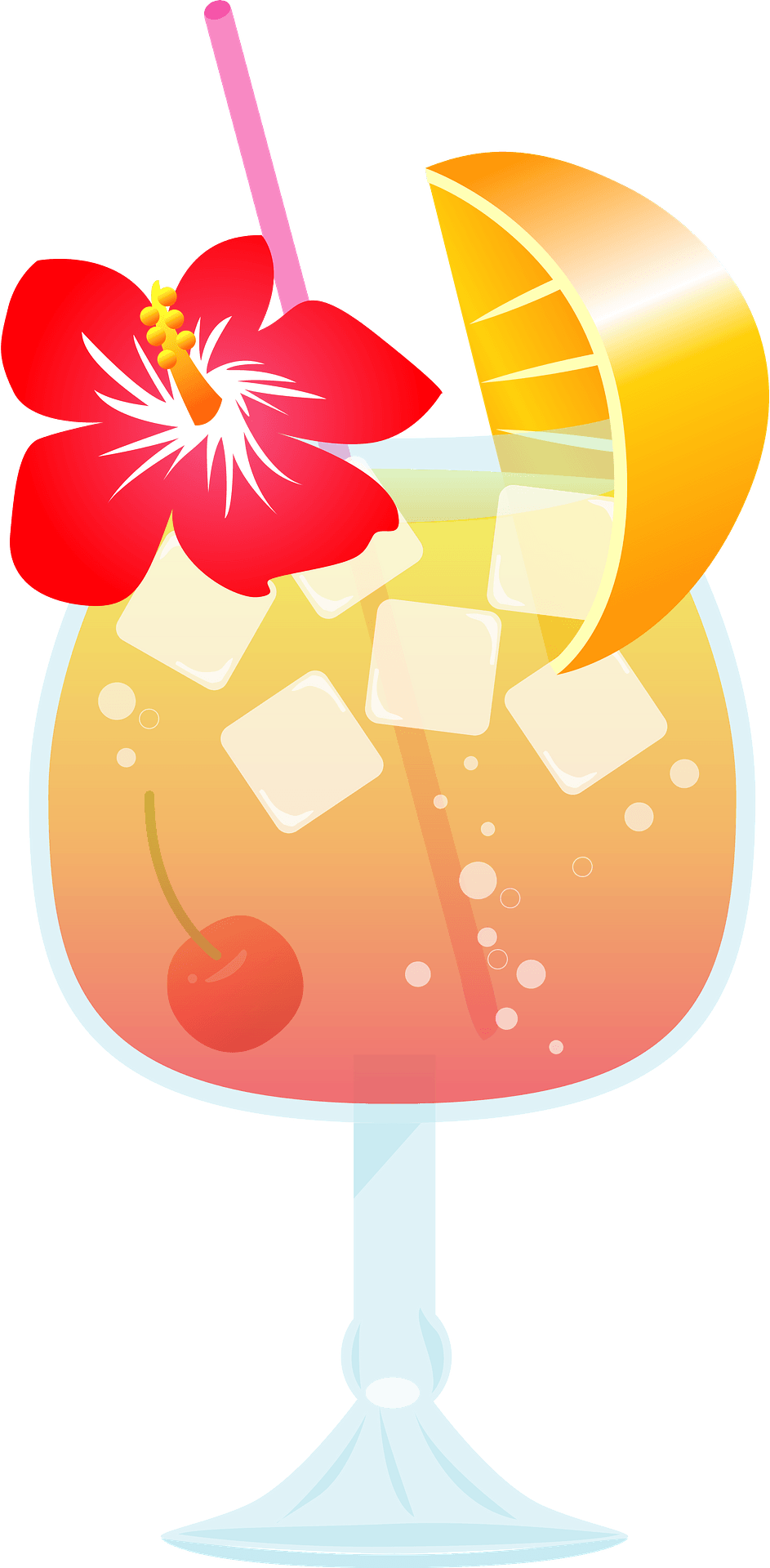 Tropical cocktail in a stemmed glass with hibiscus flower, orange slice, cherry, ice cubes, and pink straw.