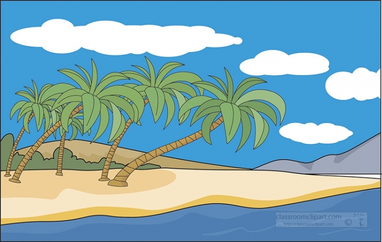 Tropical beach with palm trees, sandy shore, blue ocean, and clouds under a clear sky.