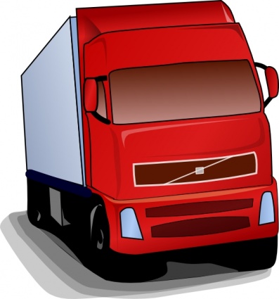 Red Volvo semi-truck with white cargo trailer, front three-quarter view, cartoon-style illustration.