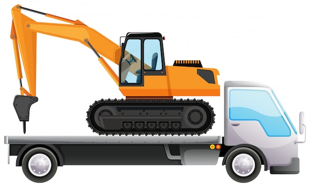 Orange excavator mounted on a flatbed tow truck, ready for transport.