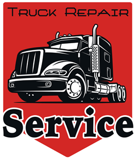 Black semi-truck illustration on red shield background with "Truck Repair Service" text.