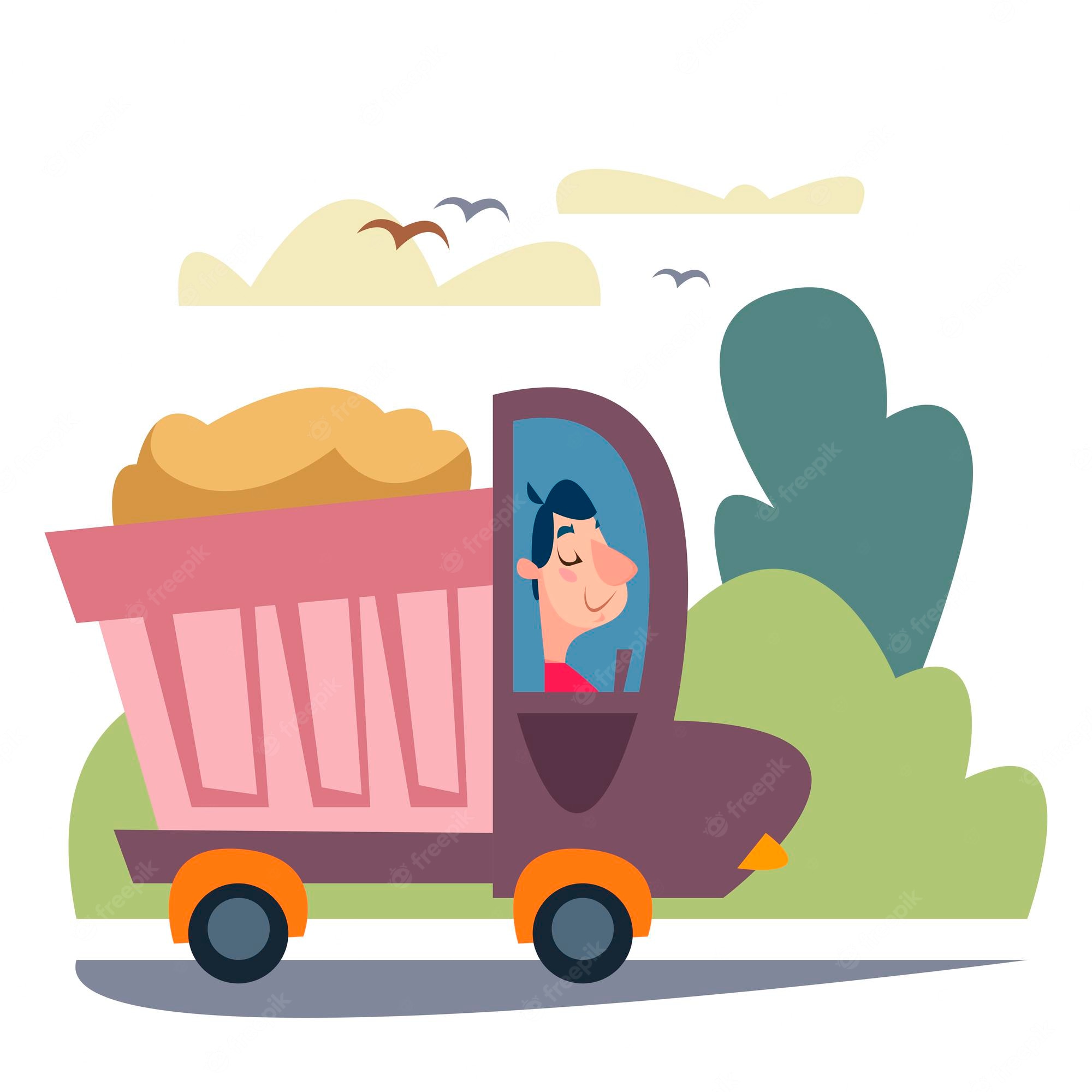 A smiling man drives a purple dump truck loaded with sand through a green landscape with birds and clouds.