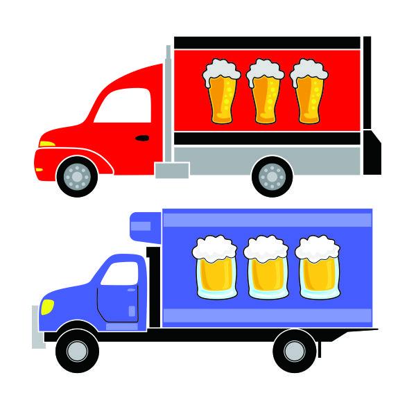 Two delivery trucks-one red, one blue-each with three beer glasses on their cargo sides, illustrating beverage logistics.