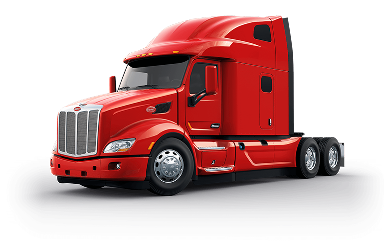 Red Peterbilt 579 semi-truck with aerodynamic cab, chrome grille, and sleeper compartment on dark studio background.