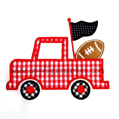 Red gingham pickup truck with black polka-dot flag and brown football in bed, embroidered appliqué design.